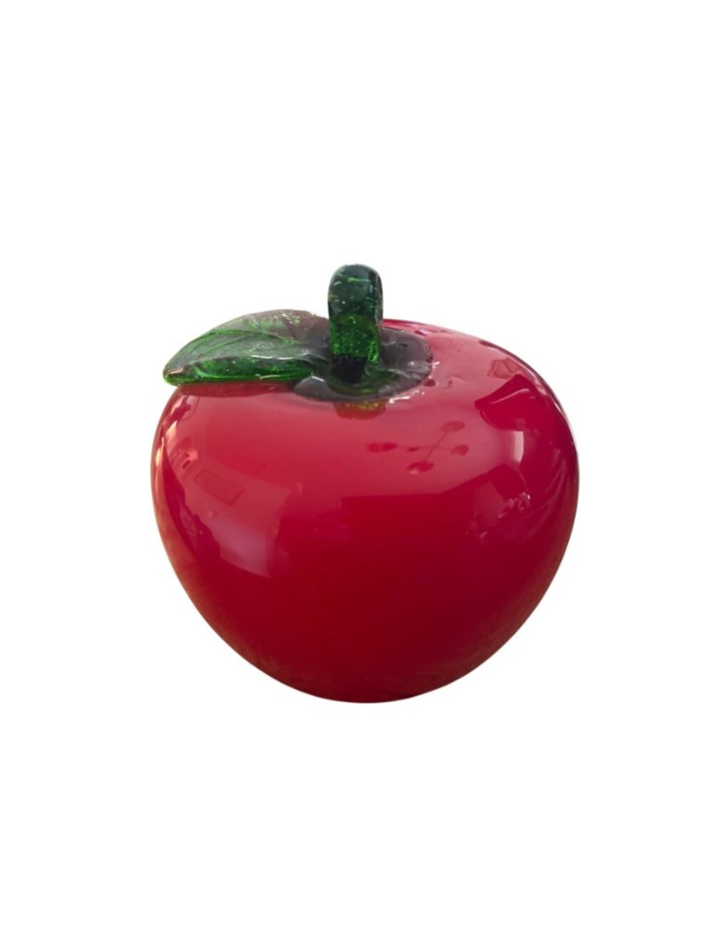 Vtg Handblown Glass Apple Figurine Red With Green Stem & Leaf Display Decor - Picture 3 of 5